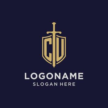 CU logo initial monogram with shield and sword design vector