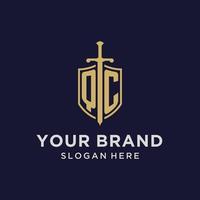 QC logo initial monogram with shield and sword design vector