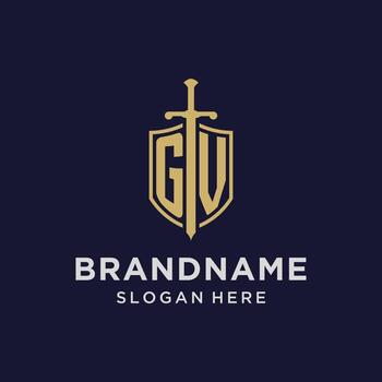 GV logo initial monogram with shield and sword design vector