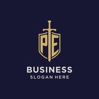 PE logo initial monogram with shield and sword design vector