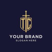 TC logo initial monogram with shield and sword design vector