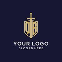 monograma inicial del logotipo qb con diseño de escudo y espada vector