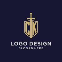 CK logo initial monogram with shield and sword design vector