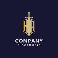 HA logo initial monogram with shield and sword design vector