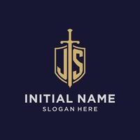 JS logo initial monogram with shield and sword design vector