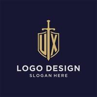 monograma inicial del logotipo de ux con diseño de escudo y espada vector