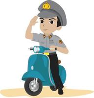 Indonesian Male Police Illustration Riding a Blue Scooter Motorcycle.eps vector