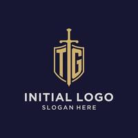 monograma inicial del logotipo tg con diseño de escudo y espada vector