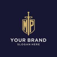 MP logo initial monogram with shield and sword design vector