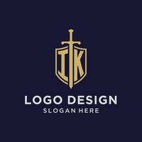 IK logo initial monogram with shield and sword design vector