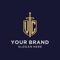 VC logo initial monogram with shield and sword design vector