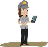 a female police officer is holding a mobile phone, smiling.eps vector