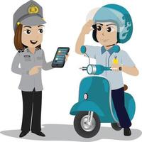 a policewoman and a man riding a blue motorbike scooter.eps vector