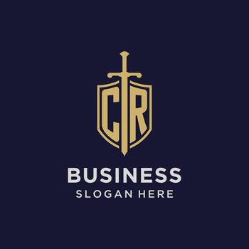 CR logo initial monogram with shield and sword design vector