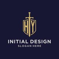 HY logo initial monogram with shield and sword design vector