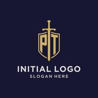 monograma inicial del logotipo pt con diseño de escudo y espada vector