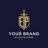 EP logo initial monogram with shield and sword design vector