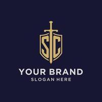 SC logo initial monogram with shield and sword design vector