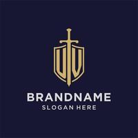 UV logo initial monogram with shield and sword design vector