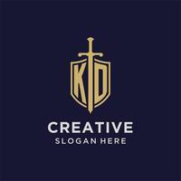 monograma inicial del logotipo de kd con diseño de escudo y espada vector