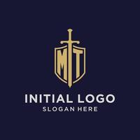 MT logo initial monogram with shield and sword design vector