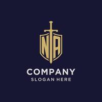 NA logo initial monogram with shield and sword design vector