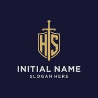 HS logo initial monogram with shield and sword design vector