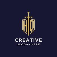 HQ logo initial monogram with shield and sword design vector