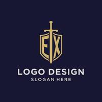 EX logo initial monogram with shield and sword design vector