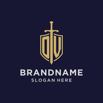 OV logo initial monogram with shield and sword design vector
