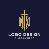 MX logo initial monogram with shield and sword design vector