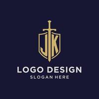 JK logo initial monogram with shield and sword design vector