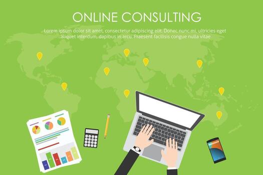 online consulting business with laptop, gps location graph document calculator and smartphone illustrated vector