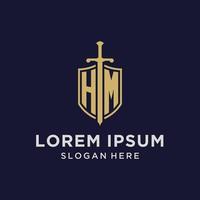 HM logo initial monogram with shield and sword design vector