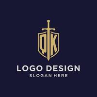 monograma inicial del logotipo qk con diseño de escudo y espada vector