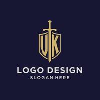 monograma inicial del logotipo vk con diseño de escudo y espada vector