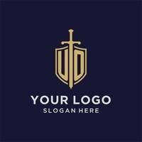 monograma inicial del logotipo de uo con diseño de escudo y espada vector