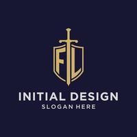 FL logo initial monogram with shield and sword design vector