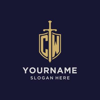 CW logo initial monogram with shield and sword design vector