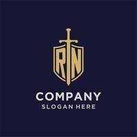 RN logo initial monogram with shield and sword design vector