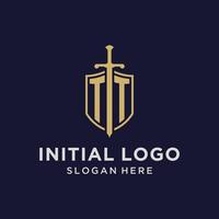 monograma inicial del logotipo tt con diseño de escudo y espada vector