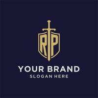 RP logo initial monogram with shield and sword design vector