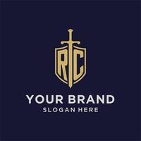 RC logo initial monogram with shield and sword design vector