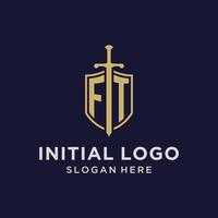 monograma inicial del logotipo ft con diseño de escudo y espada vector