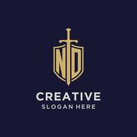 ND logo initial monogram with shield and sword design vector