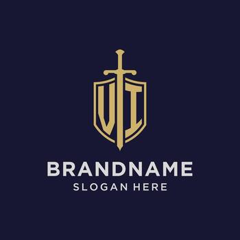 VI logo initial monogram with shield and sword design vector