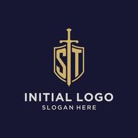 ST logo initial monogram with shield and sword design vector
