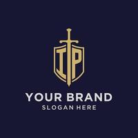 IP logo initial monogram with shield and sword design vector