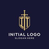 monograma inicial del logotipo de it con diseño de escudo y espada vector