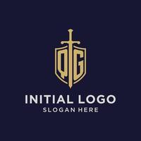 monograma inicial del logotipo qg con diseño de escudo y espada vector